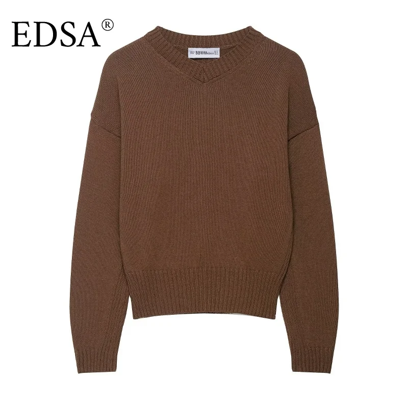

EDSA Women V-Neck Knitted Sweater Long Sleeves Ribbed Trims Spring Autumn Pullovers