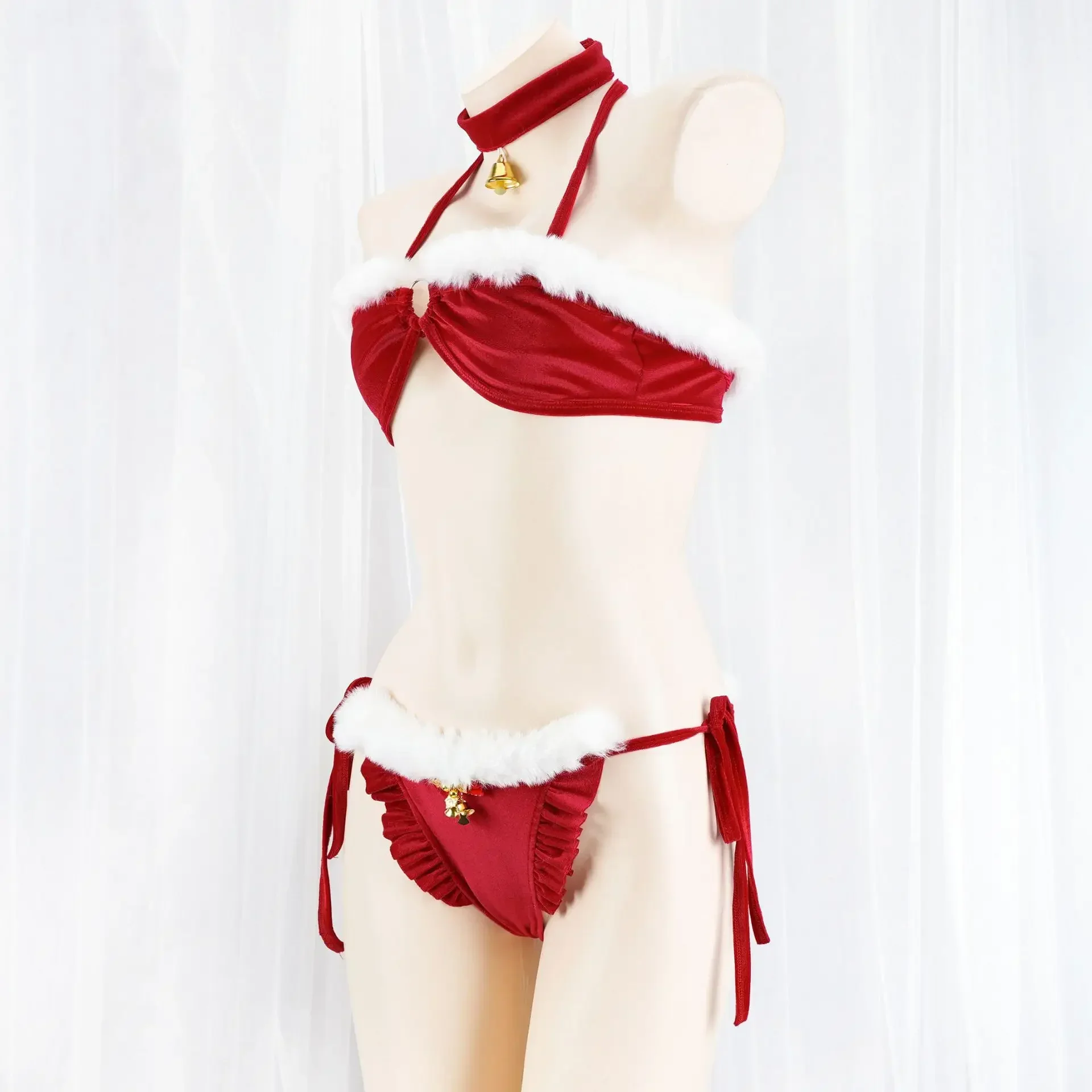 Santa Claus Cosplay Christmas Girl Plush Bikini Uniform Bra Set For Women Winter Warm Underwear Role Play Costumes Gift Party