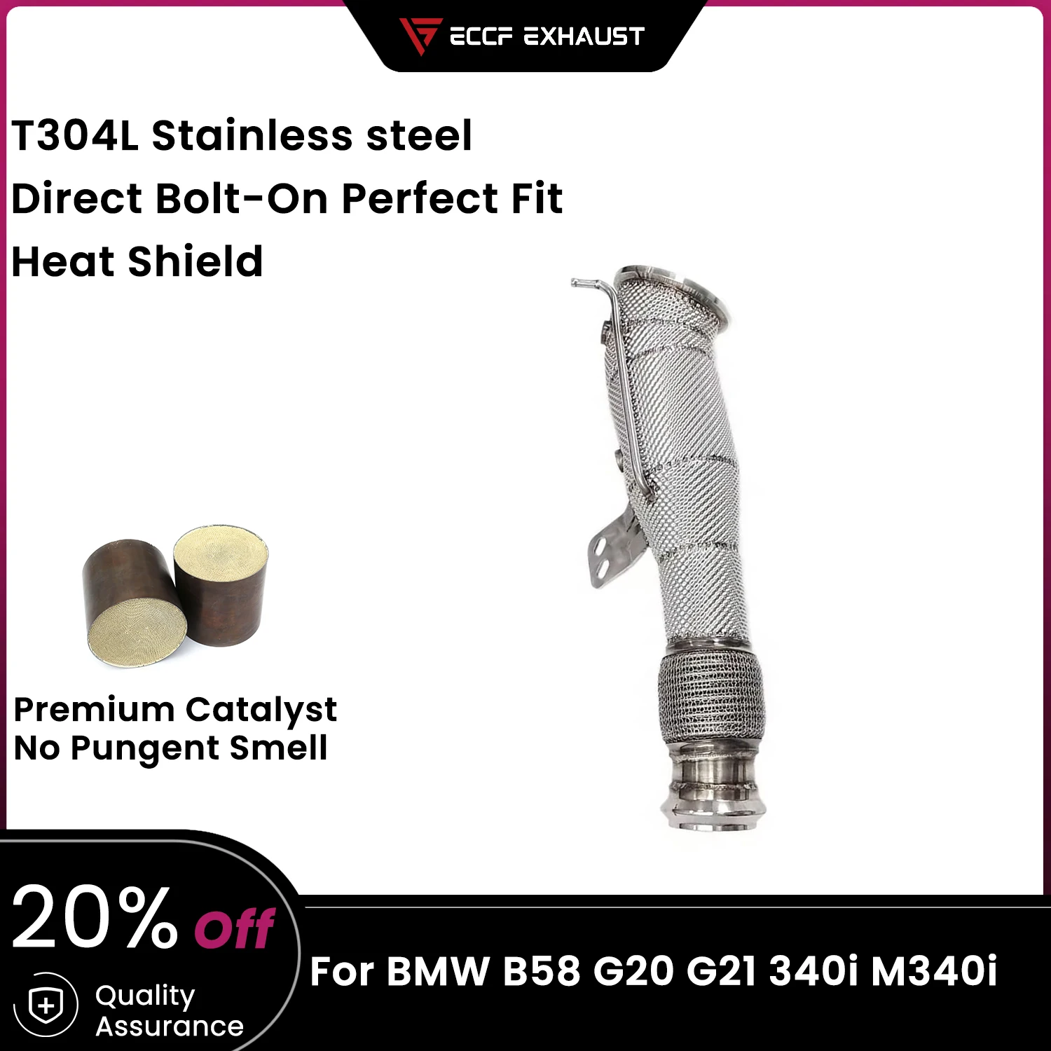 

ECCF Sports Downpipe With Heat Shield For BMW B58 G20 G21 340i M340i Aggressive Exhaust Sound High Flow Performance Upgrade