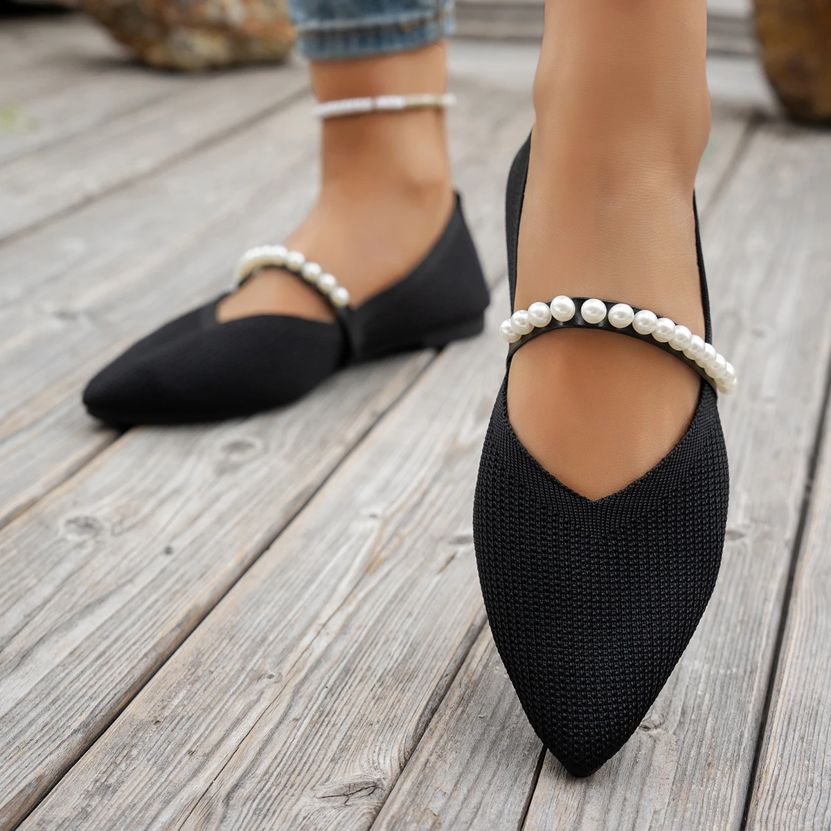 Mary Jane Fashion Casual Flat Shoes Summer New Large Size Pearl Pointed Toe Women's Shoes Low Heel Rubber Breathable