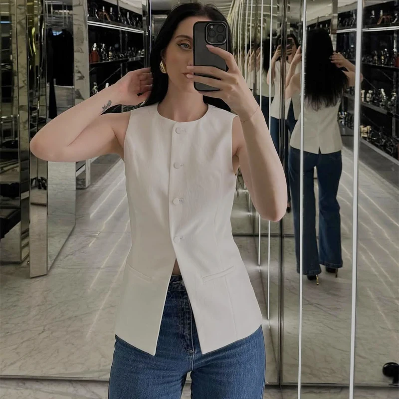 ผู้หญิงสีดําเสื้อเก๋O-คอเสื้อกั๊กเสื้อแขนยาวผู้หญิงSingle-Breastedชุดเสื้อกั๊กสวมใส่ผู้หญิงWaistcoat 2025