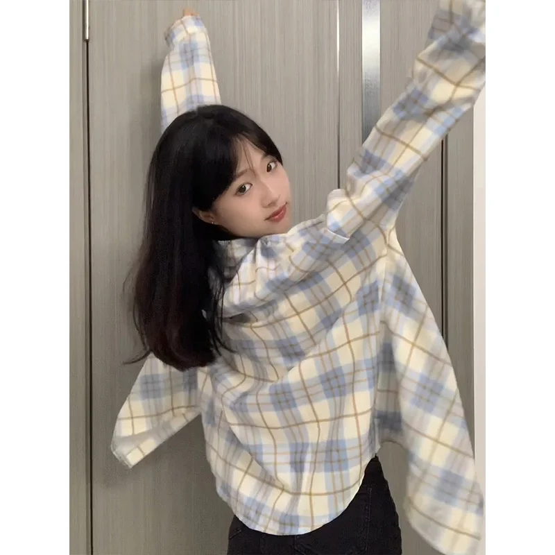 

Синяя клетчатая длинная женская весна-осень 2024, новый дизайн, верхняя одежда Lazy Sle, корейская версия, свободный крой с воротником