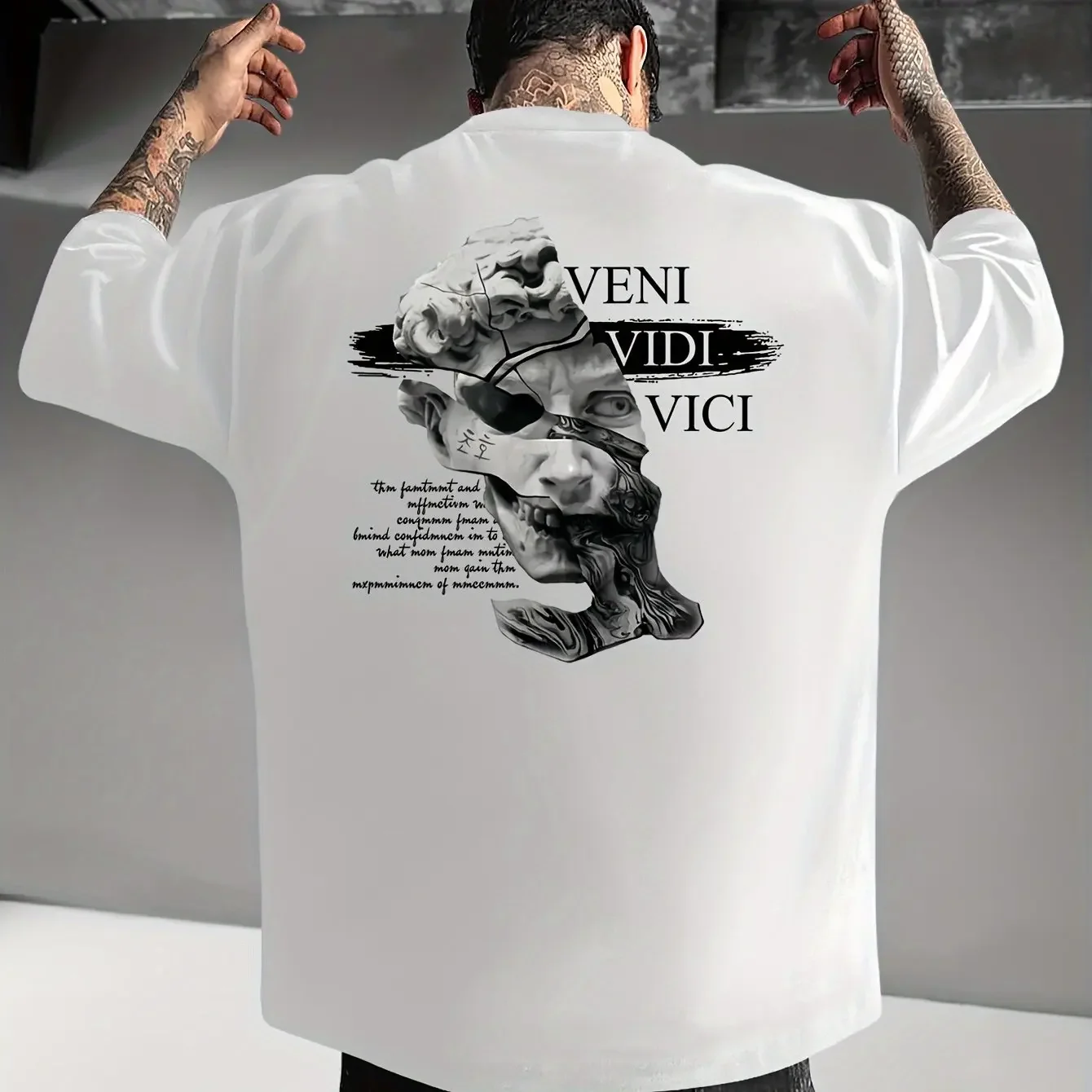 Veni Vidi Vici Men's T-shirt Twisted David Statue Printed Street Fashion Casual Cotton T-shirt