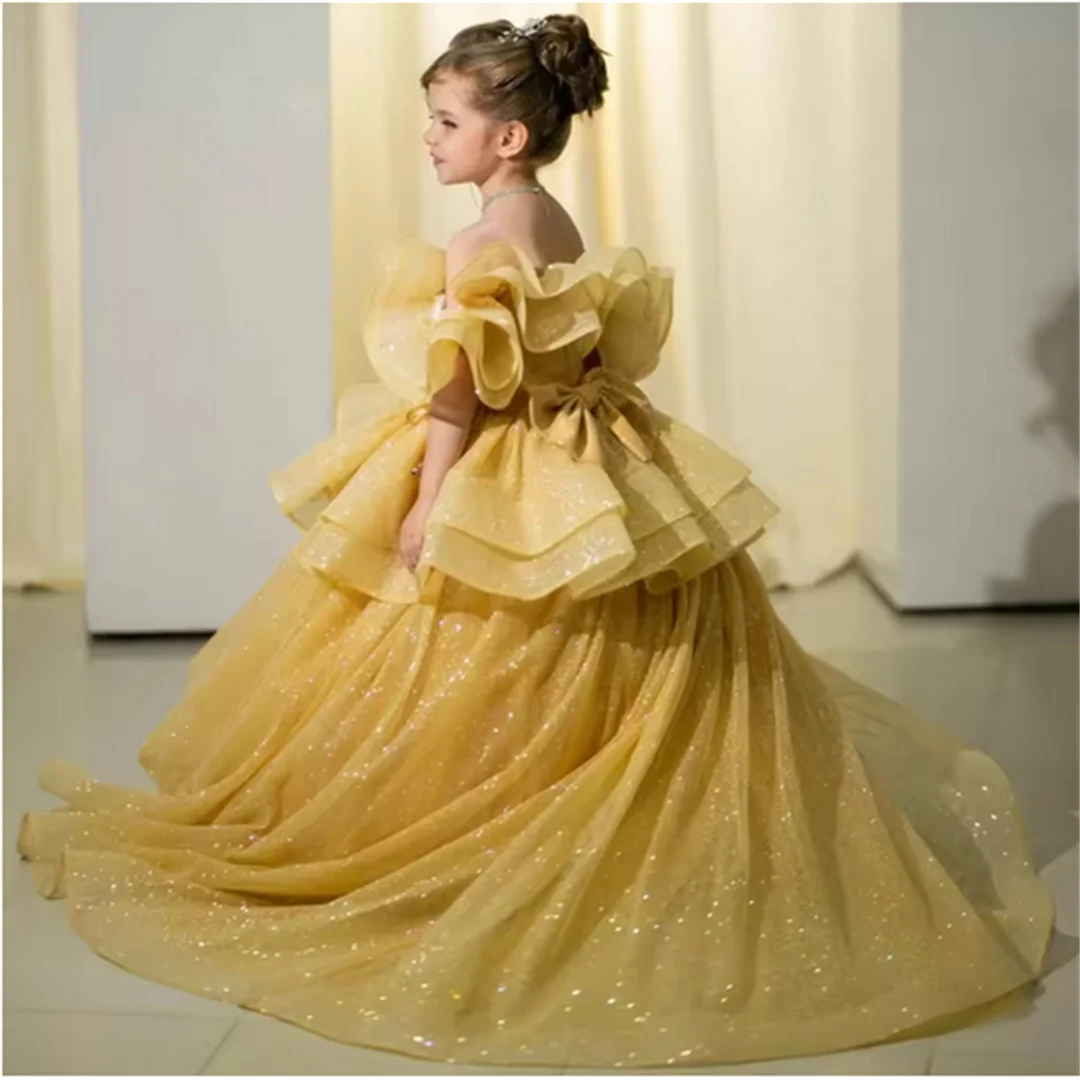 فستان فتاة الزهور من الخزامى مخصص لحفلات الزفاف من التول اللامع وكشكشة أنيقة لحفلات أعياد الميلاد وحفلات التواصل الأول