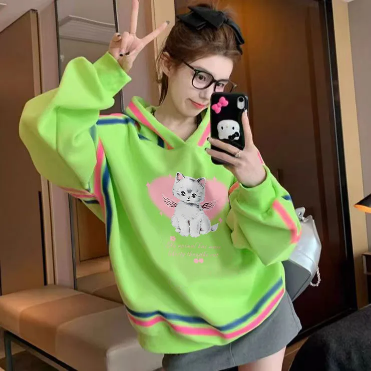 Women's Sweater Personality Cartoon Printed Pullover Top Mid-length Hoodie Color Line Fashion Korean Style Street Thin Y2k