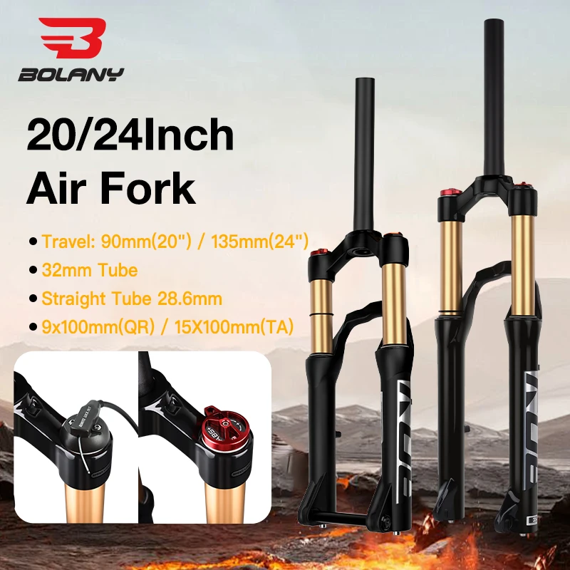 BOLANY 20/24 Inch AIR ForkMountain Bicycle Disc Brake Straight Tube Travel 100mm MTB Air Suspension Fork Bicycle Accessoires
