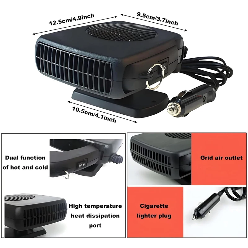 12/24V 200W Portable Car Heater Car Heaters for Vehicle Defroster Windshield Heater 360 Degree Rotation ABS Heating Cooling Fan