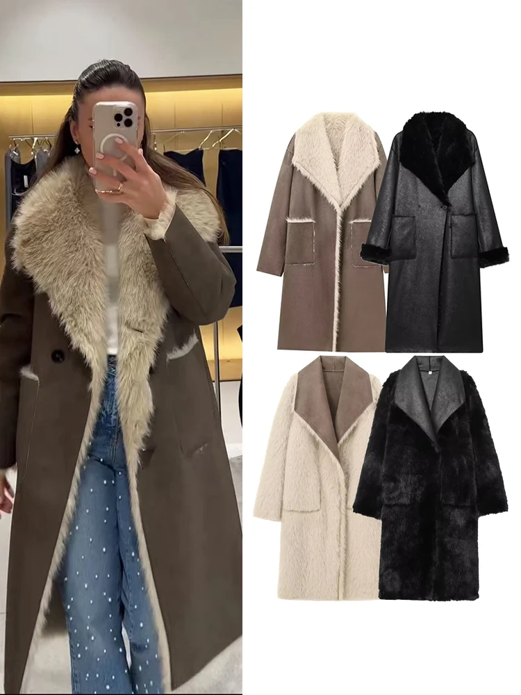 

Leather Patchwork Warm Thicken Lapel Overcoat Female Fluffy Outwear Winter Women Double Sided Long Coat Chic Faux Fur