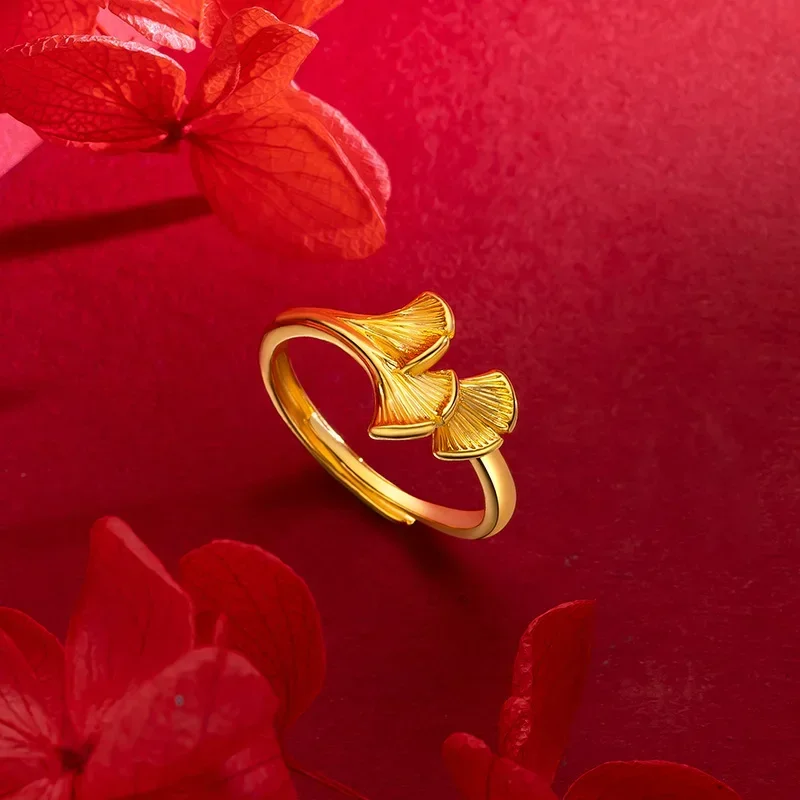 

9999 Real Gold 24K Small Fresh Sansheng Lucky Ginkgo Biloba Ring Gold Premium Ginkgo Live Women's Ring