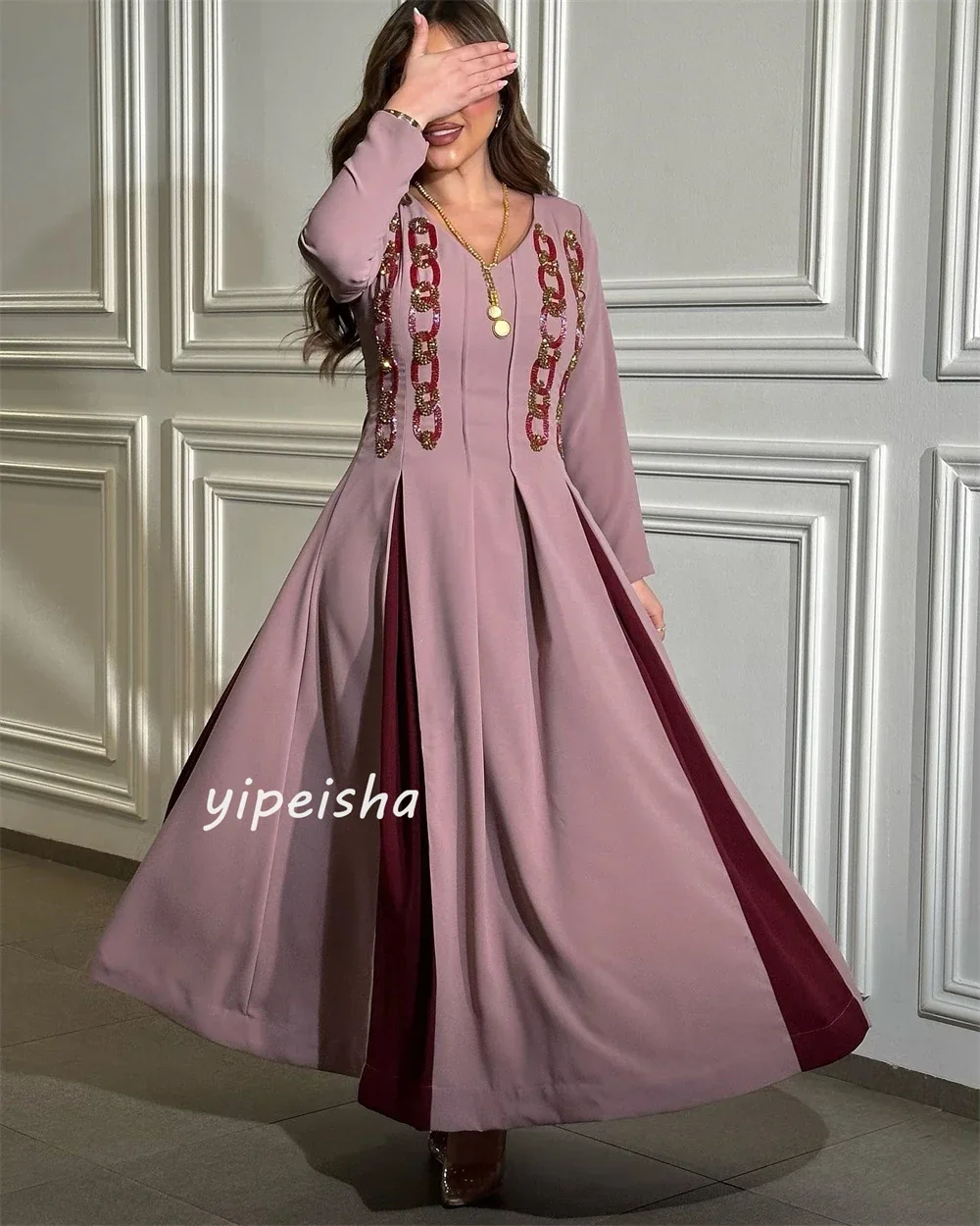 Customized Prom Gown Jersey A-line V-neck Long Sleeves Dresses Exquisite High Quality Occasion Formal Evening Dress for Women