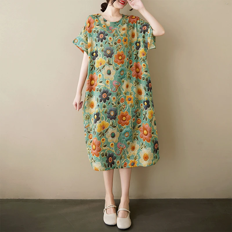 

Retro Floral Cotton Linen Midi Dr round Ne ort Sve Women's Dr Ele Casual Summer Dr Commute Sle Loose Fit