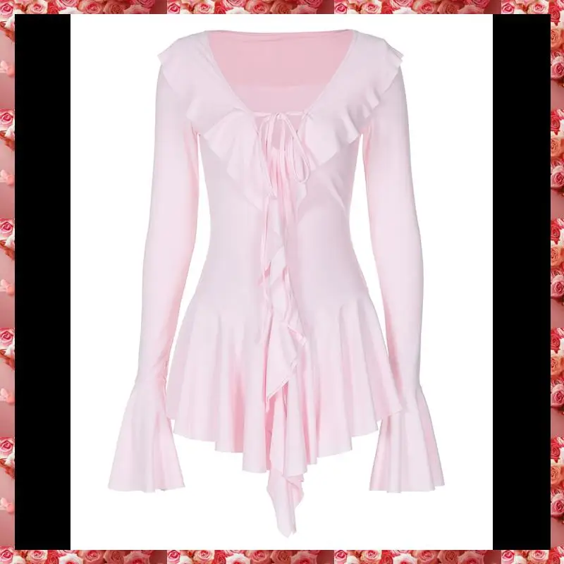 Vestido feminino de manga comprida com decote em V, ombro de fora, babado, em camadas, bodycon, mini vestidos