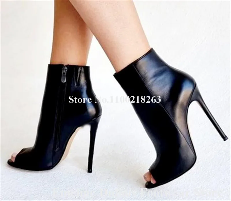 Black Matte Leather Short Boots Emeline Dubois Peep Toe Stiletto Heel Classical Style Ankle Booties Formal Dress Heels Big Size