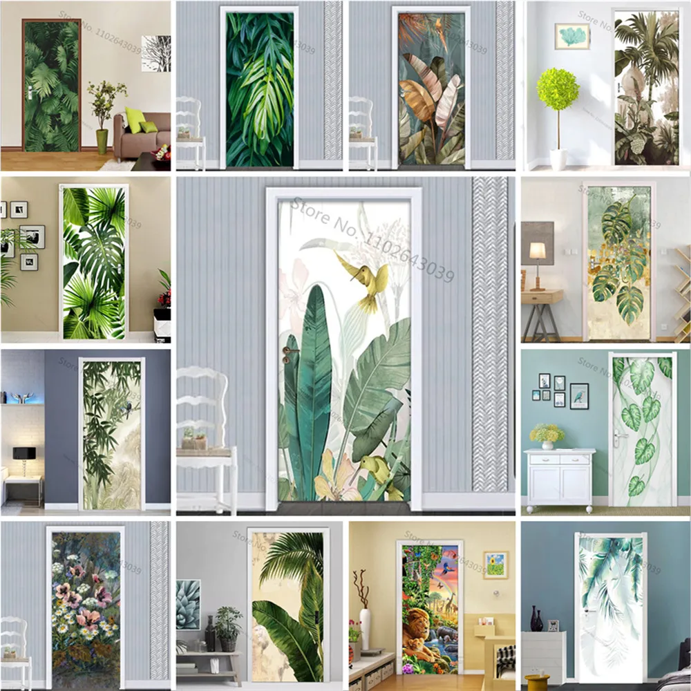 

Self adhesive Plantain Green Leaves Door Sticker Birds Decoration Stickers Waterproof Removable Art Poster Decals Home Decor