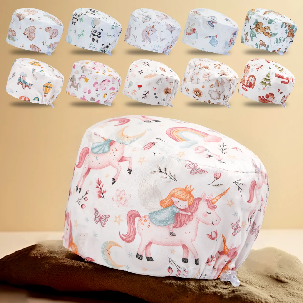 Gorros médicos de caballo para hombre y mujer, gorros 100% de algodón para enfermeras, gorros transpirables de pelo largo, gorro de trabajo para salón de belleza K1198