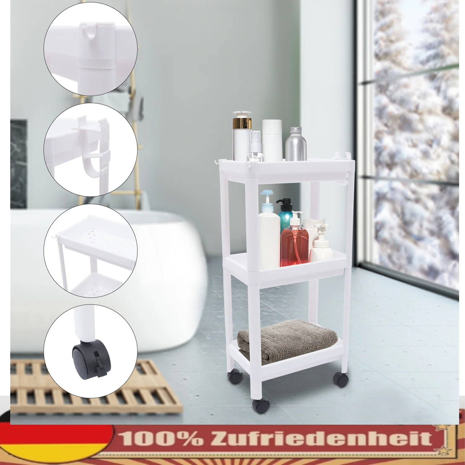 Three-tier Bathroom Floor Type Shelving with Heightened Guardrail for Kitchen Bathroom White