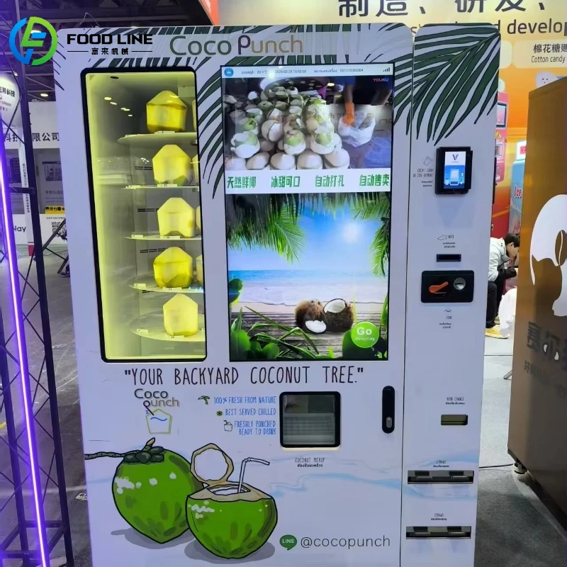 FL Wholesale Design Smart Touch Screen Visible Window Fully Automatic Mechanical Hand Cool Coconut Vending Machine Customized