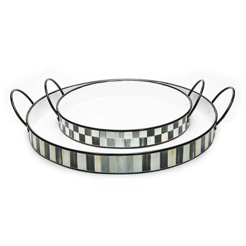 

Chessboard striped tray set, round metal handle, household tea tray, cosmetics storage tray.