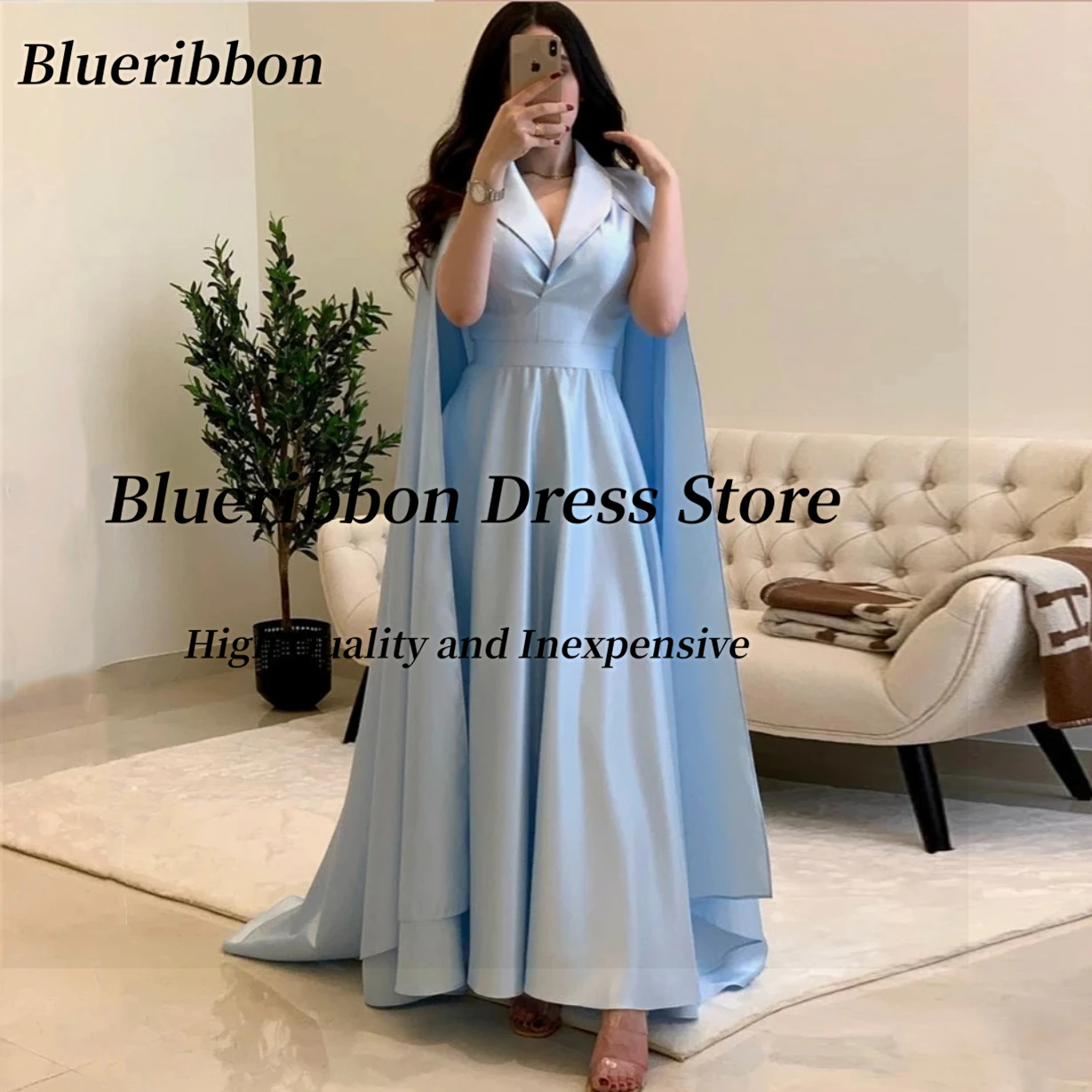 

Blueribbon Sky Blue Evening Dresses Lapel V Neck Zipper Back Customized Prom Dress with Long Wraps Wedding Party Bride Wear Gown