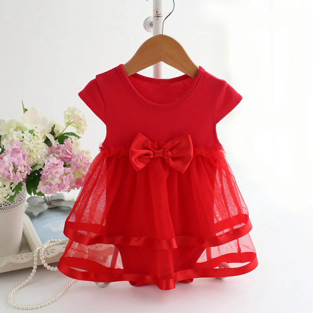 Solid Lacde Bowknot Baby Girl Dress Infant Birthday Tutu Bow Clothes Party Jumpsuit Princess Romper Dress Платья Для Девочек