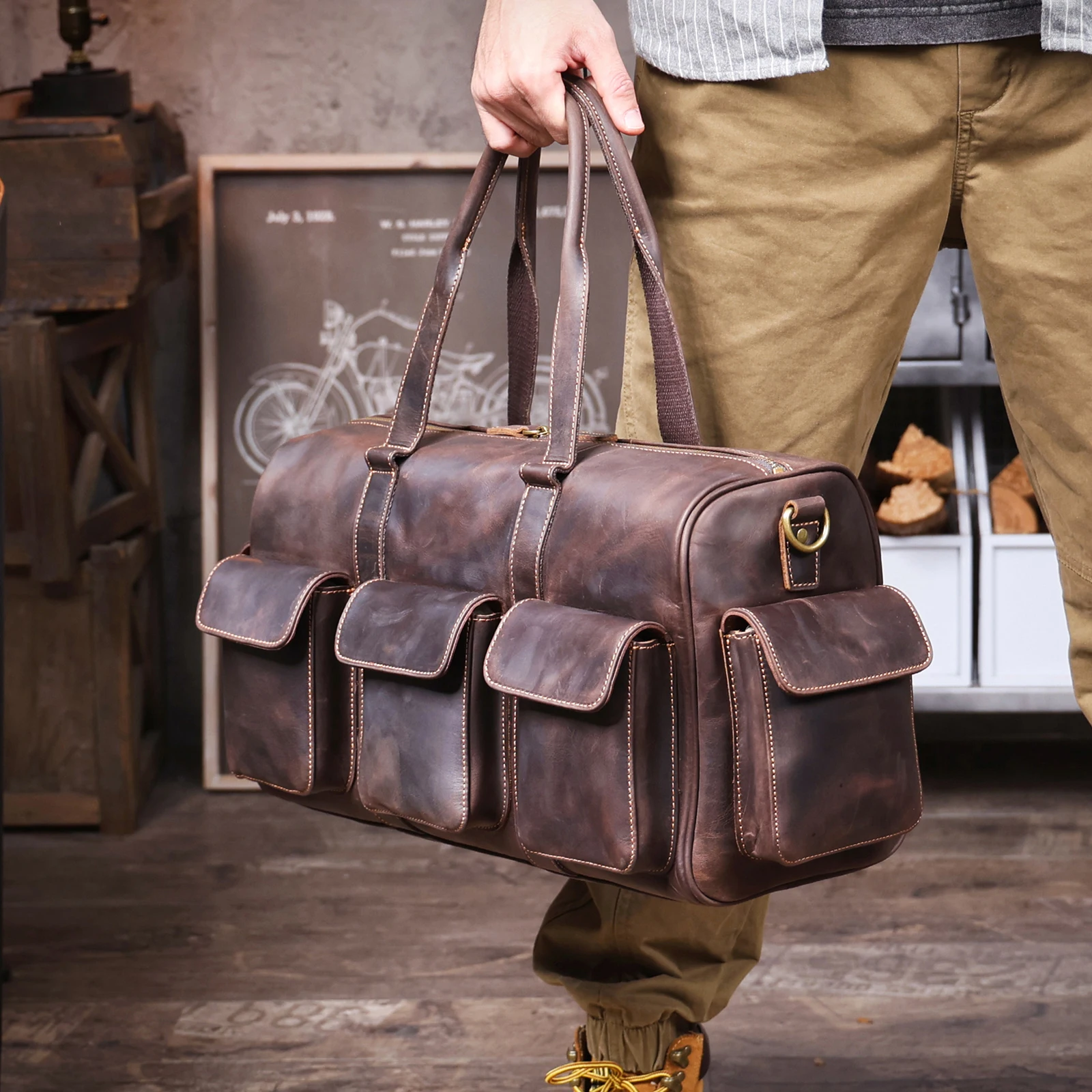 S.WORKER Große Kapazität Echtleder Vintage Rindsleder Reisetasche Weekender Herren Reisetasche Sporttasche Retro-Stil – Detail 5