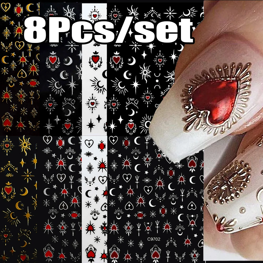 4/8Pcs Bronzing Red Love-Heart Nail Art Stickers 8*10cm 3D Laser Star/Moon Slider Gold/Silver/Black/White Adhesived Heart Slider