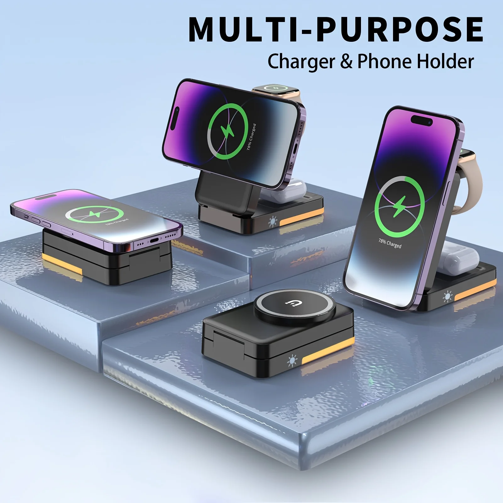 حامل شاحن لاسلكي بإضاءة LED 3 في 1 قابل للطي لهاتف iPhone 16 15 14 13 12 Apple Watch 2-9 SE Airpods Pro محطة شحن سريعة