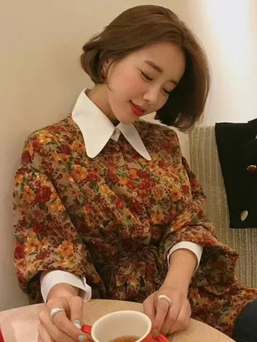 Retro Contrast Color Collar Floral Lantern Sleeve Shirt Women's New Design Slimming Beautiful Top Polyester Fiber Long Sleeve