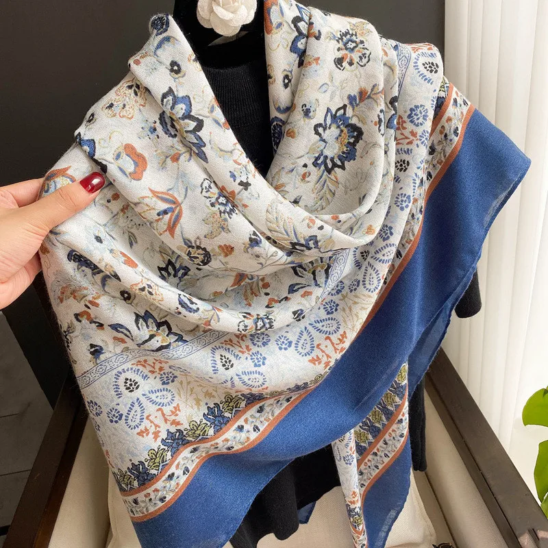 42 Designs Spain Brand Lovely Floral Square Viscose Shawl Scarf Lady Print Soft Wrap Pashmina Bufandas Muslim Hijab 135*135Cm