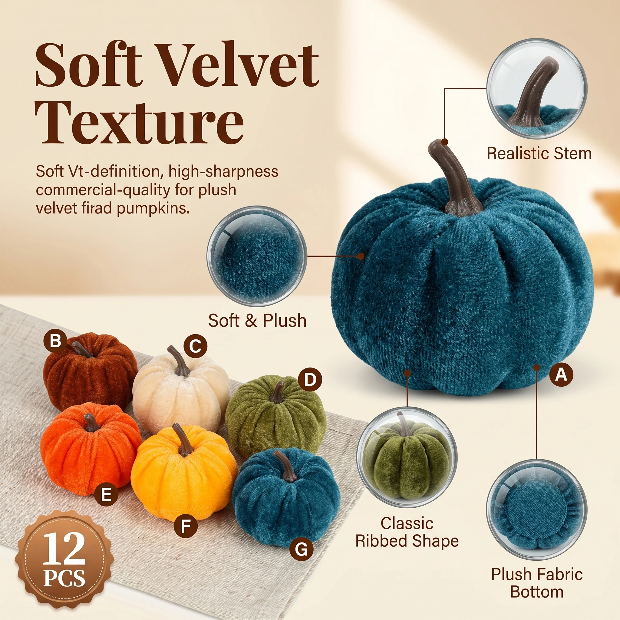 12pcs Velvet Pumpkin Decoration for Halloween Autumn Home Decor Tabletop Garden Ornaments Ideal for Thanksgiving Harvest Parties - view 5