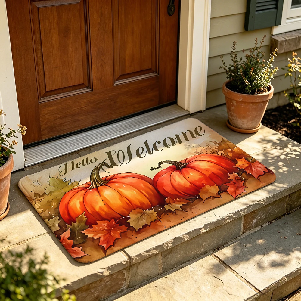 1Pc Pumpkin Maple Leaf Welcome Flannel Entrance Door Mat, Silicone Dotted Anti-Slip Backing Rug, Decor Floor Mat For Entryway