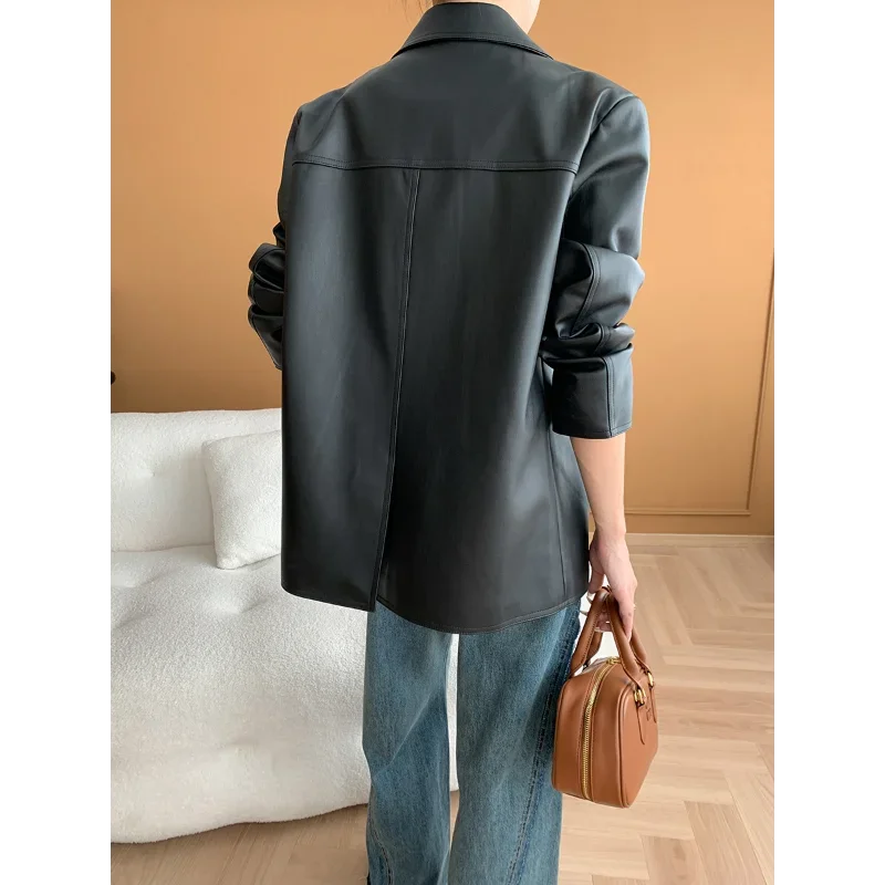 Vintage Wine Suit Collar Fake Leather Long Sleeve Jacket Women Casual Loose Black Office Lady Matte PU Leather Suit Jacket