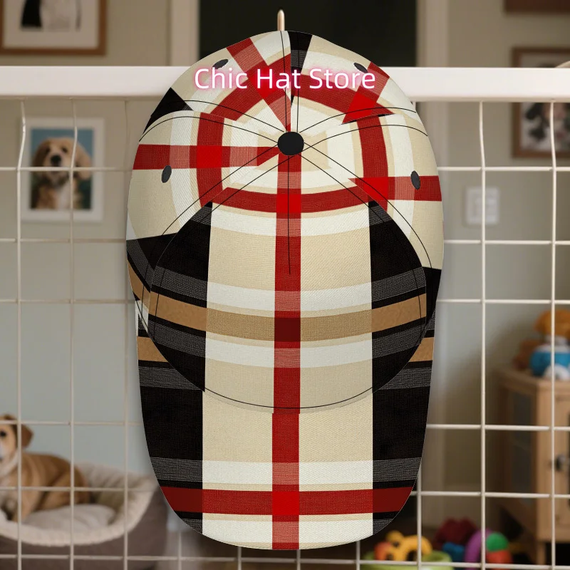 1pc of a Classic Baseball Cap Featuring a Beige And Red Plaid Design - an Adjustable Duckbill Hat That Is Lightweight, Making It view 5