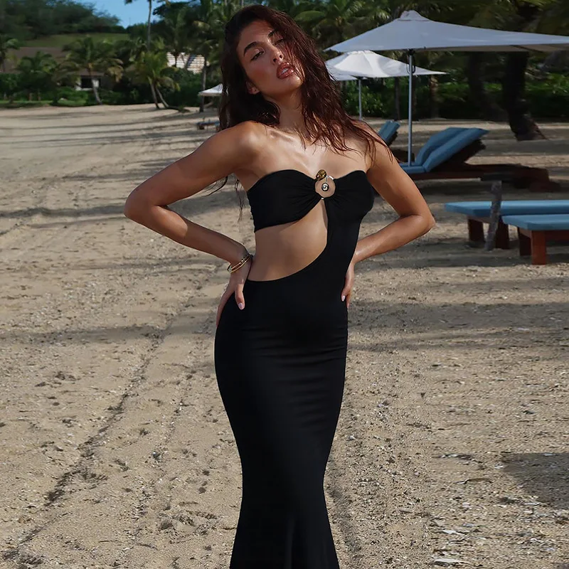 Black Strapless Beach Dress for Women Sexy Waist Cut Out Slim Maxi Party Dresses Summer Backless Holiday Bohemian Dress 2025