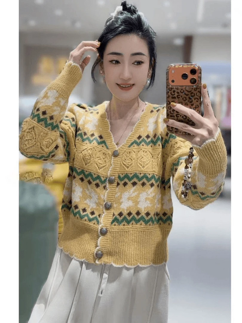 

Retro Fair Isle Knitted Sweater Women's Faion Spring New Sle V-Ne Long Sve Casual Comfortable Breathable UV Protection