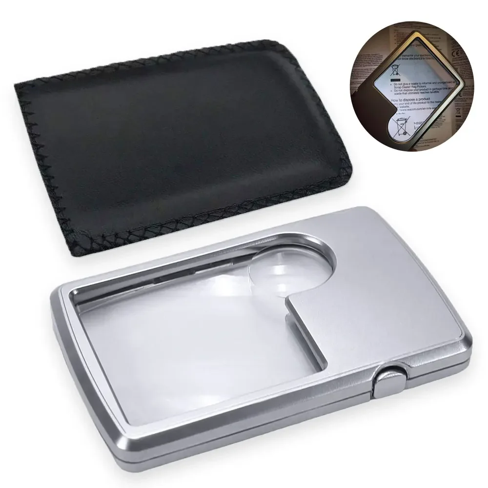 Jóias Lupa com Luz Led Lupa Iluminada Bolso de Couro Lupa Ultra-fina Lente Quadrada Tamanho do Cartão de Crédito 3x 6x
