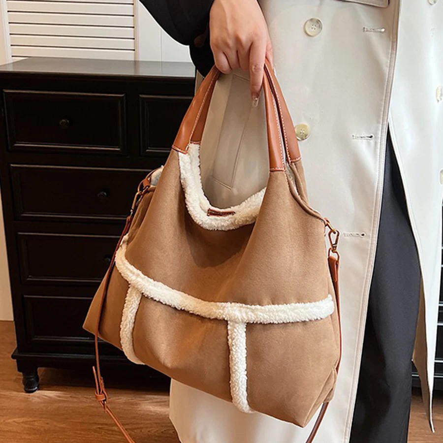 

Fashion Lamb Wool Patchwork Handbags for Women Autumn Large Capacity Suede One Shoulder Crossbody Bags New Shopper Totes Bag Sac