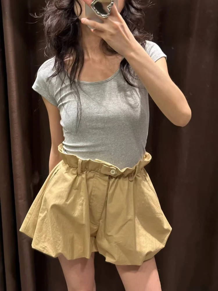 Verano 2025 nuevas mujeres Faionable plisado Casual pierna recta globo pantalones de cintura alta de fibra de poliéster pantalones sueltos ort