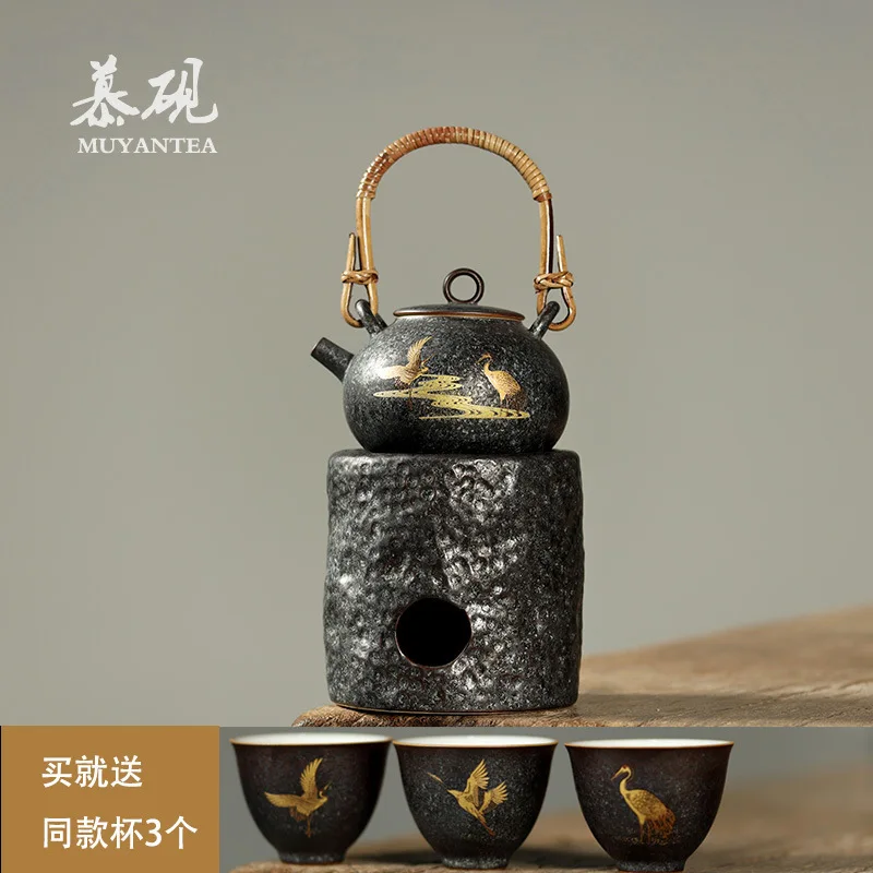 Quemador de alcohol de arcilla estilo chino Muyan, dispositivo para elaboración de bebidas caseras, estufa, juego de té Kung Fu, tetera para hervir agua al aire libre con asa