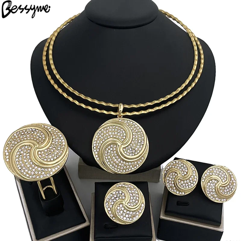 

Hight Quality Big Jewelry Set African Nigeria 18K Gold Plated Round Pendant Necklace Bracelet Zircon Earring Ring Wedding Gift