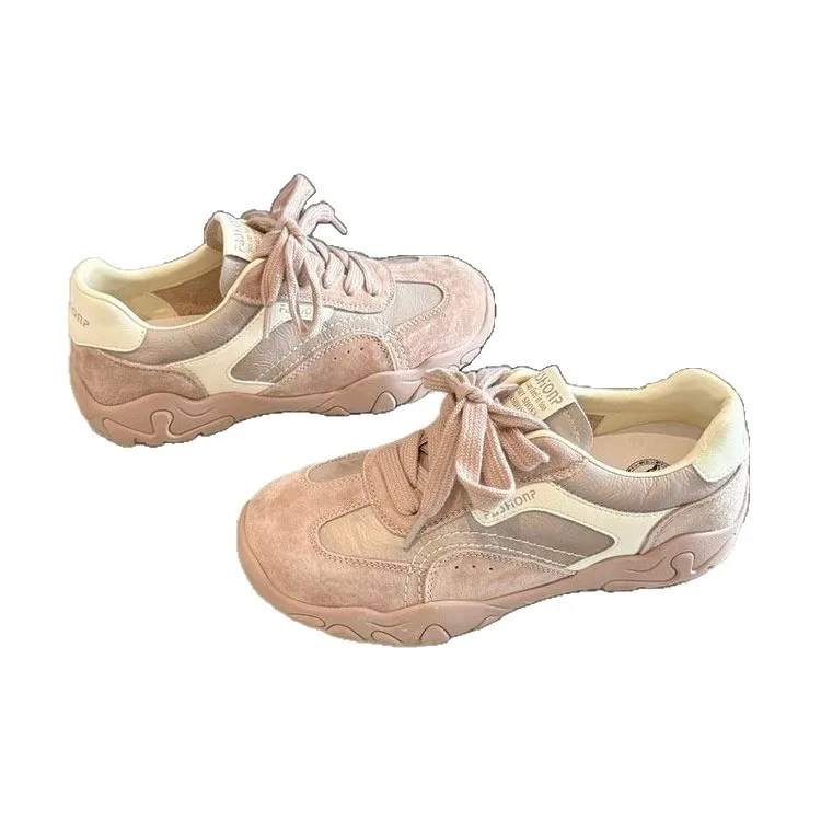 Women's Leather-Look “Forrest Gump” Running Shoes: Round-Toe, Patchwork Design, Lace-Up, Lightweight, and Versatile