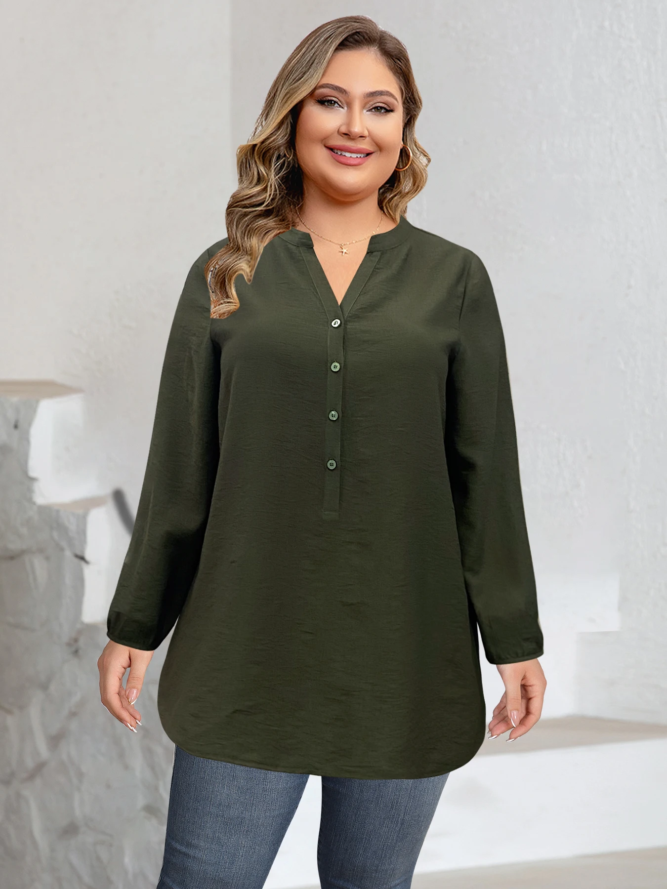 قميص نسائي مقاس كبير بلون سادة ورقبة على شكل حرف V وأكمام طويلة، قميص علوي كاجوال للتخسيس اليومي #3
