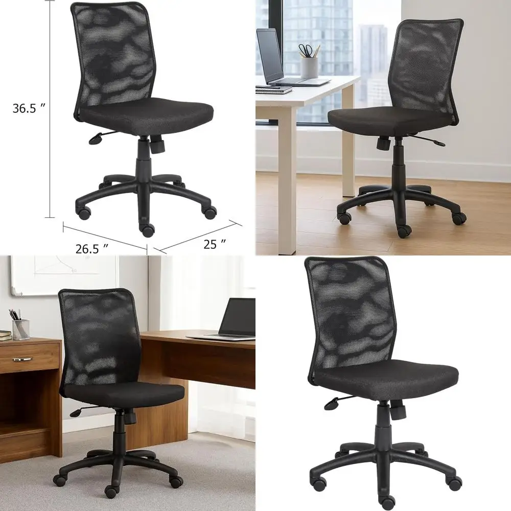 Cadeira de Escritório Preta com Rodas, Ajuste de Inclinação e Trava, com Controle de Tensão