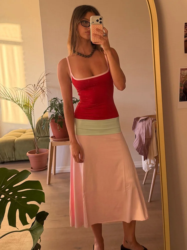 

Tossy Fashion Patchwork Contrast Long Dress Women's Backless Slim High Waist Commute Elegant Dress Female Sexy Summer Maxi Dress