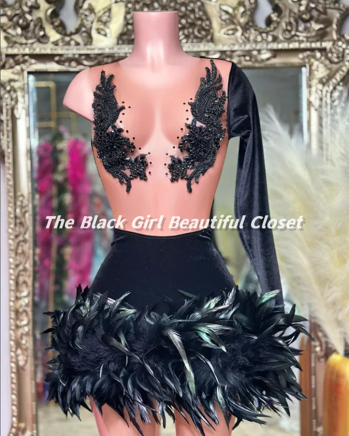 Black Elegant One Shoulder Sleeve Cocktail Dress African Style Party Dress Sexy Beaded Feather Decoration Homecoming Dress