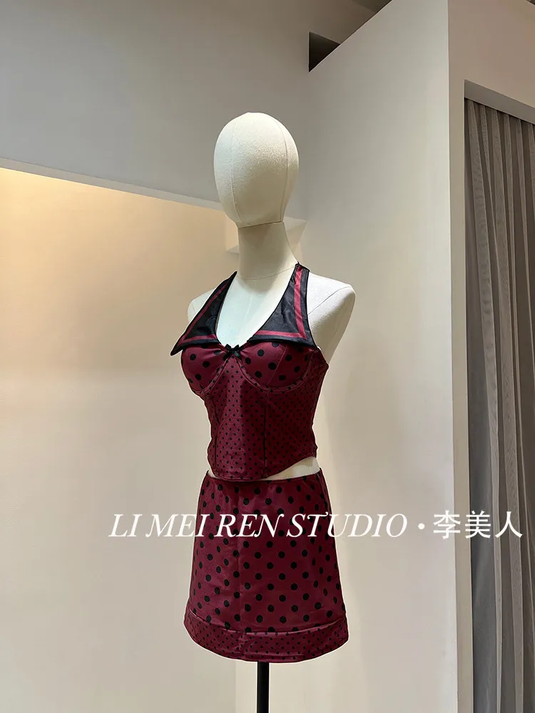 New Polka collar hanging neck skirt style split swimsuit for women