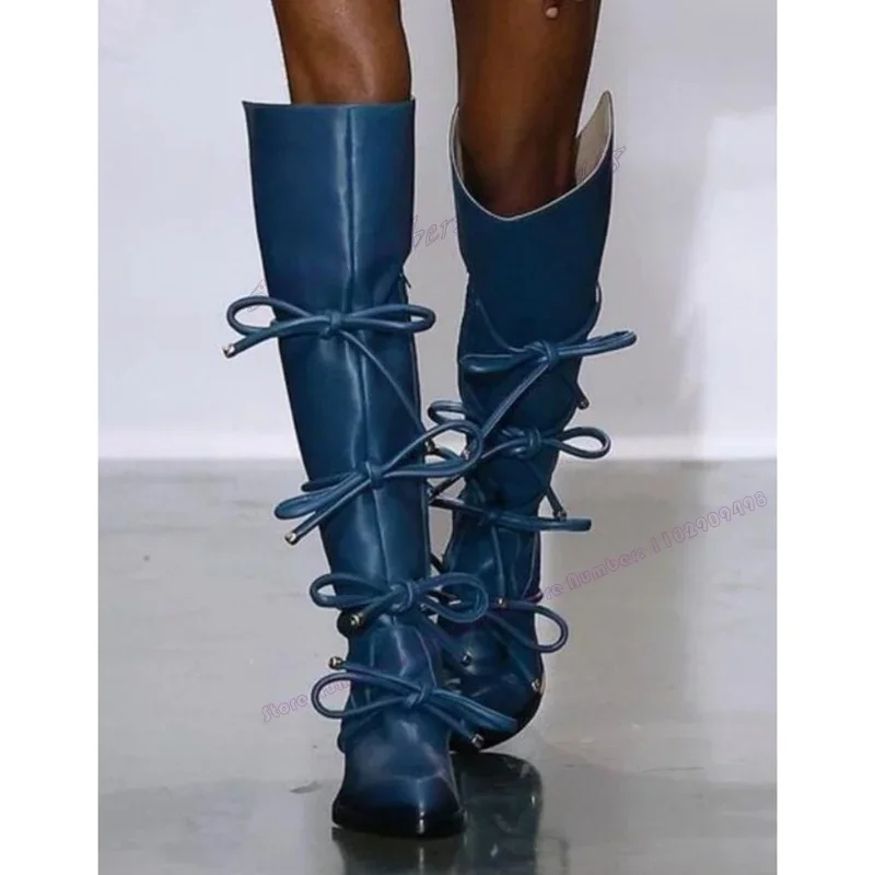 

Blue Matte Leather Bow Knot Boots Knee High Pointed Toe Shoes for Women Thin High Heels Runway Shoes 2023 Zapatos Para Mujere