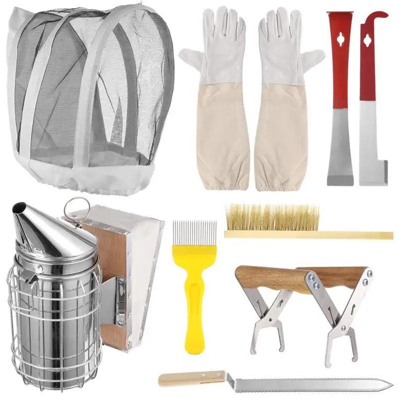 9Pcs Beekeeping Starter Kit Essential Bee Smoker Kit With Hat Gloves Hive Hooks Brush Uncapping Fork Uncapping Knife Frame Grip