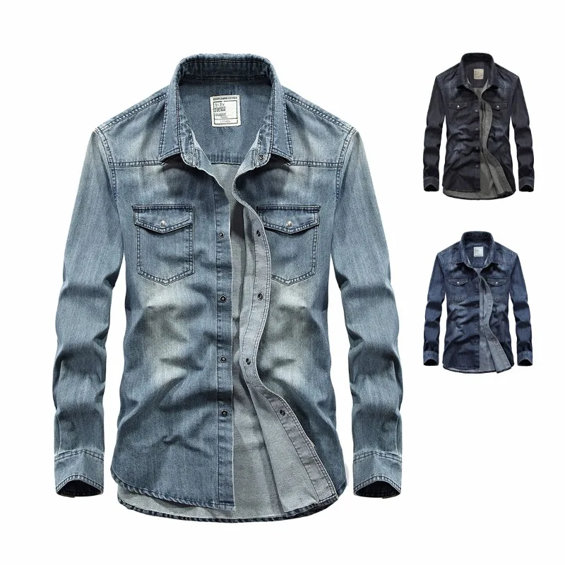 

New Style Denim Men's Casual Long Sleeved Shirt in Spring and Autumn, Oversized Lapel Denim Shirt for Trendy Men