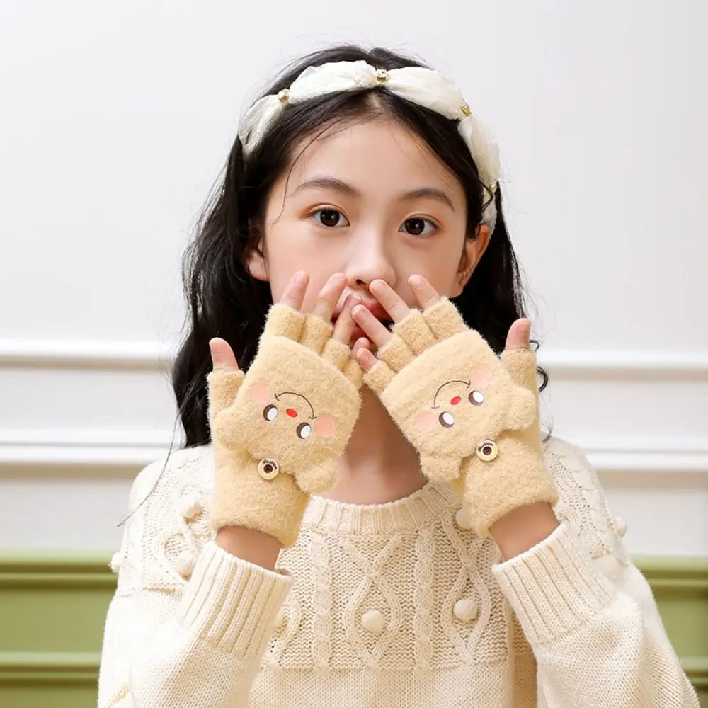 Cute Bear Winter Kids Gloves Typing Writing Half-Finger Flip Warm Student Gloves Soft Fluffy Dual-purpose